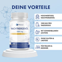 Thumbnail for Dose Nachtkerzenöl 1000 mg, 60 Kapseln, daneben Liste mit fünf Angaben