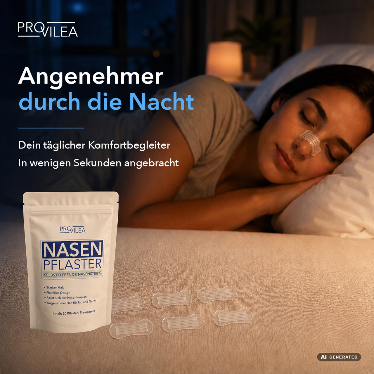 PROVILEA Nasen Pflaster mit Packung, transparenten Strips und schlafender Frau mit Nasenstrip