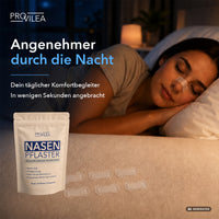 Thumbnail for PROVILEA Nasen Pflaster mit Packung, transparenten Strips und schlafender Frau mit Nasenstrip
