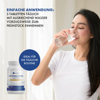 Thumbnail for Dose Provilea Nutrition Proteinbausteine Tabletten neben Frau, die Wasser aus einem Glas trinkt