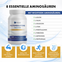 Thumbnail for Dose Provilea Proteinbausteine Tabletten mit Liste von 8 essentiellen Aminosäuren und Infopunkten