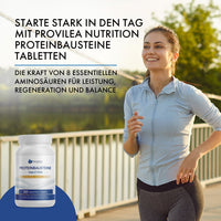 Thumbnail for Joggende Frau neben Dose Provilea Nutrition Proteinbausteine Tabletten und Hinweis auf 8 Aminosäuren