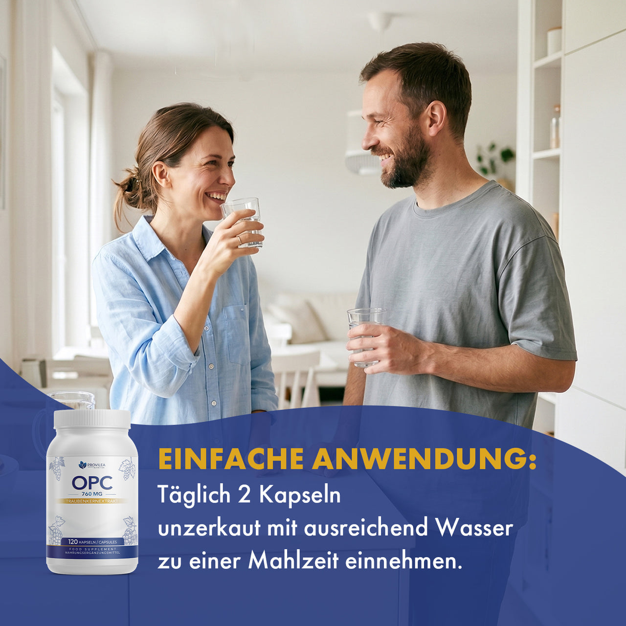 Zwei Personen mit Wassergläsern neben Provilea OPC Dose und Anwendungstext zu 2 Kapseln