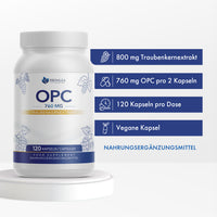 Thumbnail for Provilea OPC 760 mg Dose mit 120 Kapseln auf Podest und blauen Hinweisfeldern