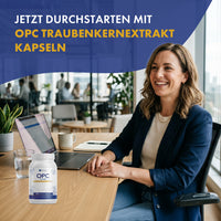 Thumbnail for Frau im Büro neben Provilea OPC Dose und großem Schriftzug zu Traubenkernextrakt Kapseln