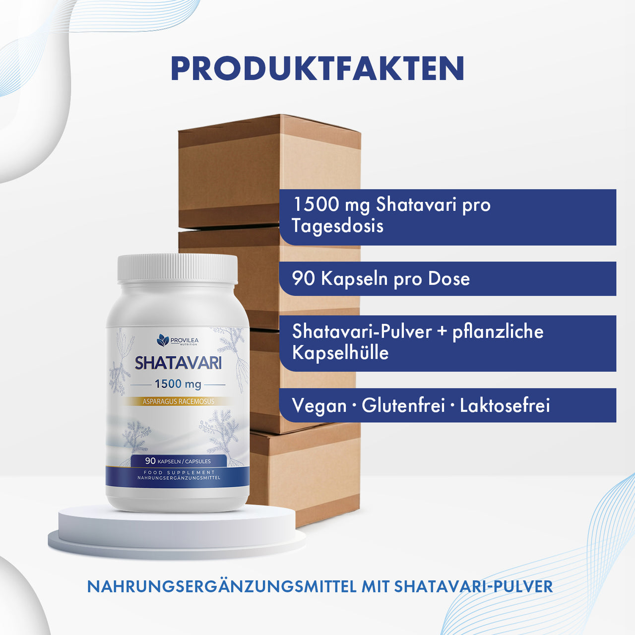 Provilea Shatavari Dose mit 90 Kapseln auf Podest vor Kartons und Produktinfos