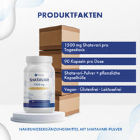 Thumbnail for Provilea Shatavari Dose mit 90 Kapseln auf Podest vor Kartons und Produktinfos