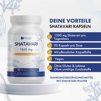 Thumbnail for Provilea Shatavari 1500 mg Dose mit 90 Kapseln auf Podest und blauen Hinweisfeldern