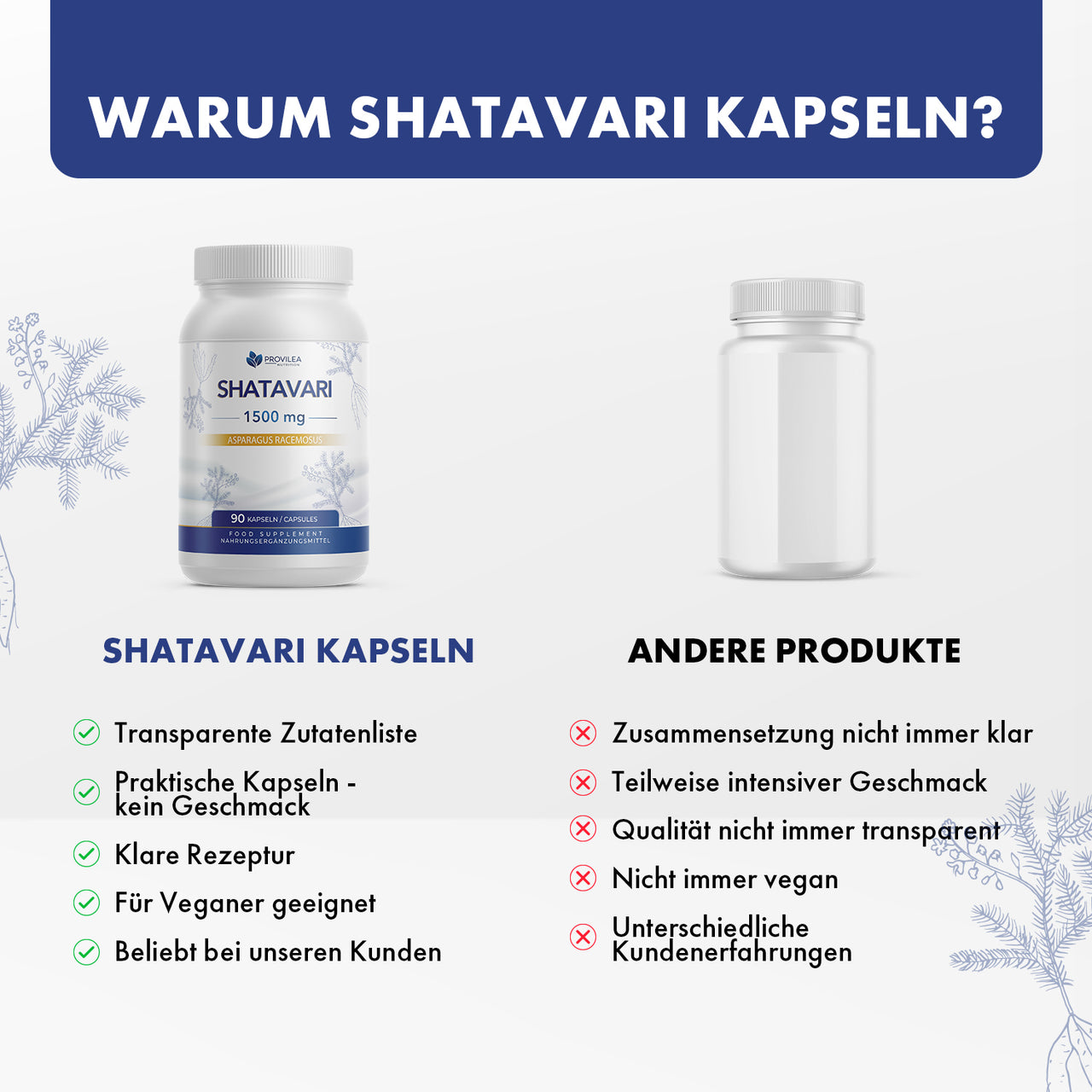 Vergleichsgrafik mit Provilea Shatavari Dose und weißer Dose ohne Etikett