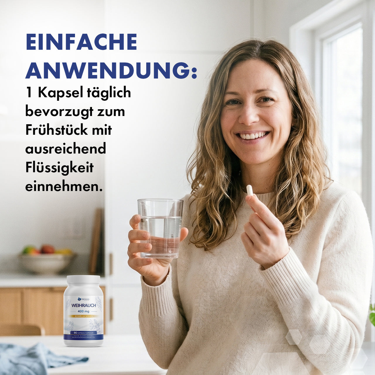 Frau hält Glas Wasser und Kapsel neben Provilea Weihrauch 400 mg Dose mit Anwendungstext