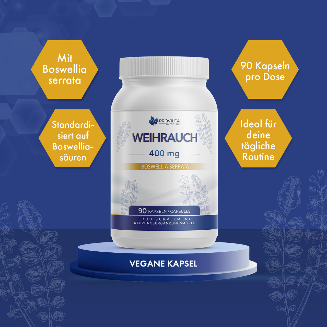 Provilea Weihrauch 400 mg Dose mit 90 Kapseln auf blauem Podest und gelben Textfeldern