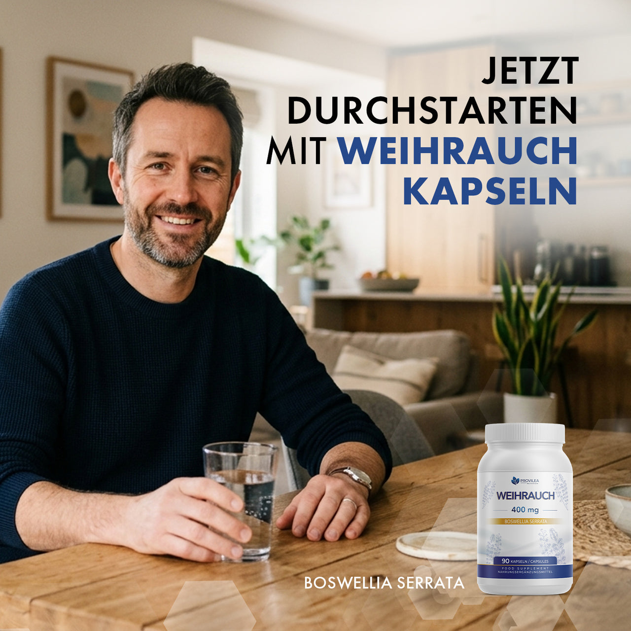 Mann sitzt am Tisch mit Wasserglas vor Weihrauch 400 mg Dose und Schrift Jetzt durchstarten