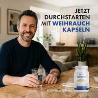 Thumbnail for Mann sitzt am Tisch mit Wasserglas vor Weihrauch 400 mg Dose und Schrift Jetzt durchstarten