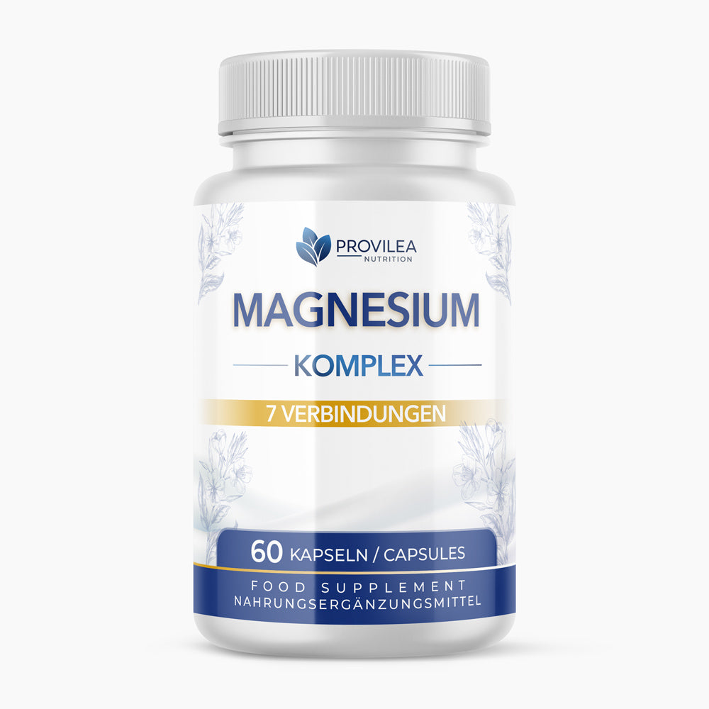 Provilea Magnesium Komplex als weiße Dose mit 7 Verbindungen und 60 Kapseln auf hellem Hintergrund