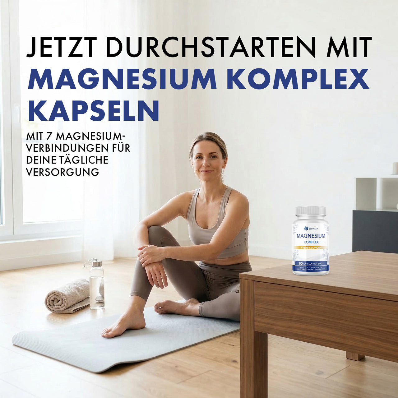 Frau sitzt auf Yogamatte neben Provilea Magnesium Komplex Kapseln, tägliche Versorgung dargestellt