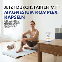 Thumbnail for Frau sitzt auf Yogamatte neben Provilea Magnesium Komplex Kapseln, tägliche Versorgung dargestellt
