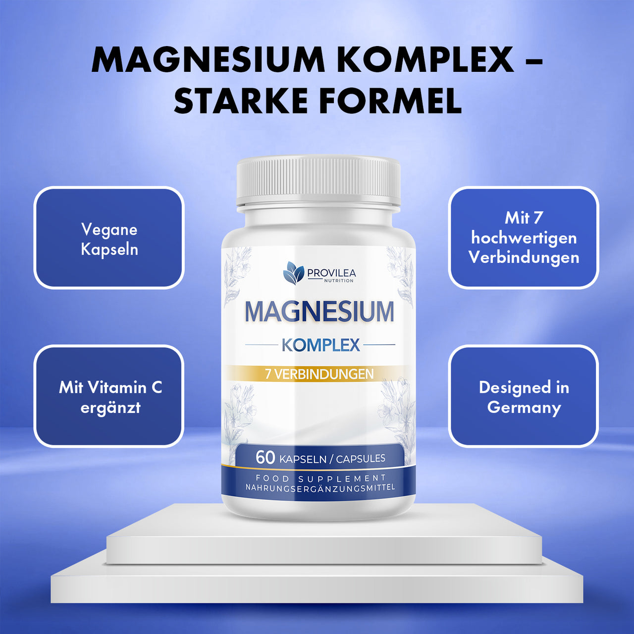 Dose Provilea Magnesium Komplex mit 7 Verbindungen, Vitamin C und 60 Kapseln auf blauem Hintergrund
