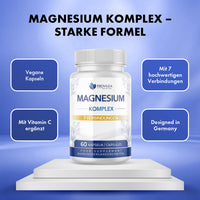 Thumbnail for Dose Provilea Magnesium Komplex mit 7 Verbindungen, Vitamin C und 60 Kapseln auf blauem Hintergrund