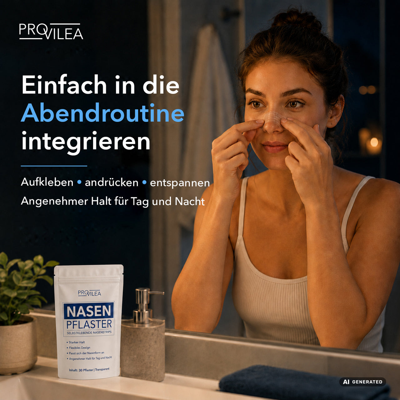 PROVILEA Nasen Pflaster mit Packung und Frau, die vor einem Spiegel einen Nasenstrip andrückt