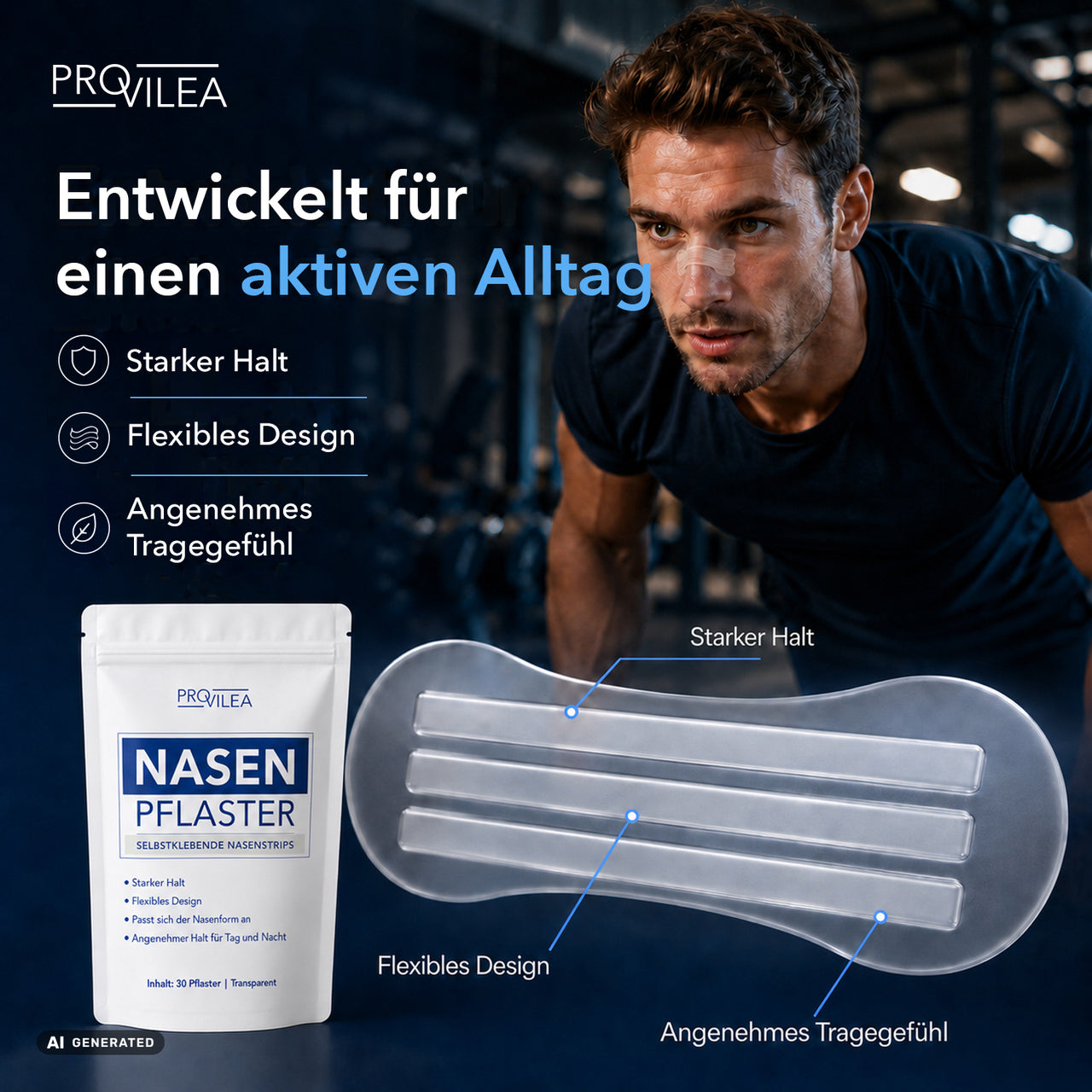 PROVILEA Nasen Pflaster mit Packung, transparentem Strip und Mann im Fitnessstudio mit Nasenstrip