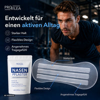 Thumbnail for PROVILEA Nasen Pflaster mit Packung, transparentem Strip und Mann im Fitnessstudio mit Nasenstrip