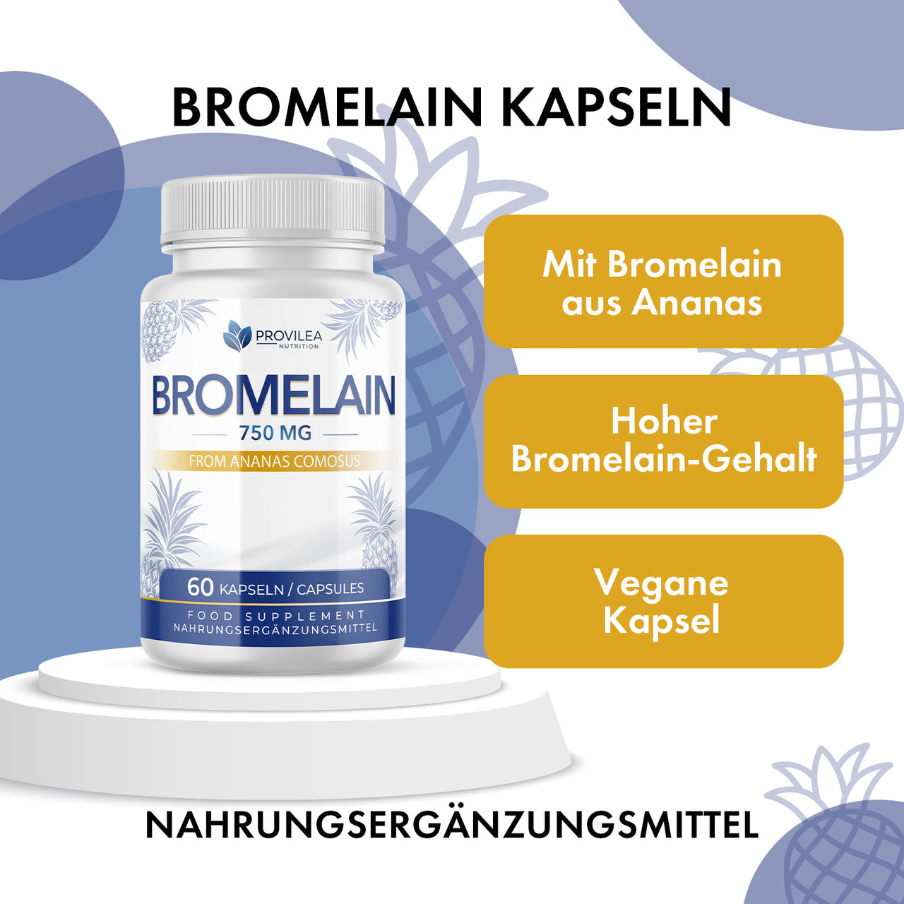 Provilea Bromelain Kapseln 750 mg, Dose mit Ananas-Motiv und Hinweisen zu veganer Kapsel im Bild