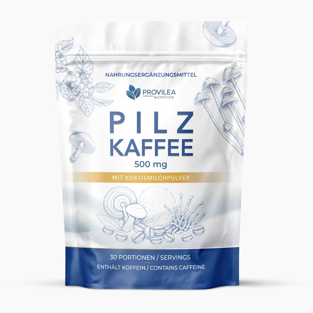 Provilea Nutrition Pilzkaffee 500 mg mit Kokosmilchpulver im Beutel, 30 Portionen und Hinweis auf Koffein