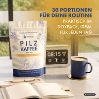 Thumbnail for KI-generierte Werbegrafik: Pilz Kaffee 500 mg im Doypack mit 30 Portionen neben einer Tasse Kaffee