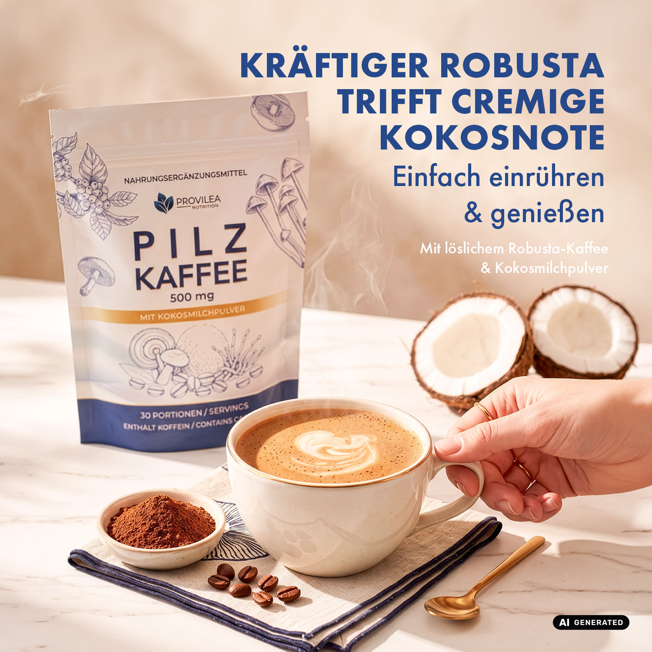KI-generiertes Produktmotiv: Pilz Kaffee 500 mg mit Kokosmilchpulver, löslichem Robusta-Kaffee und Koffein
