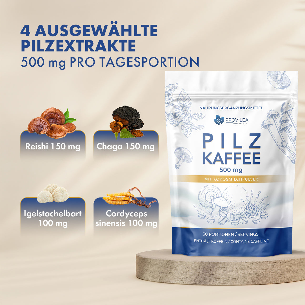 Provilea Pilz Kaffee mit vier ausgewählten Pilzextrakten und insgesamt 500 mg pro Tagesportion