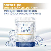 Thumbnail for Beutel Pilz Kaffee 500 mg mit Kokosmilchpulver, Fruchtkörperextrakten und löslichem Robusta-Kaffee