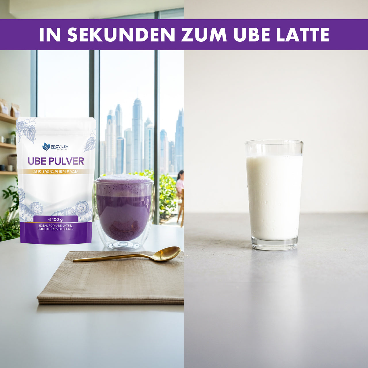 Provilea Nutrition Ube Pulver Beutel neben violettem Ube Latte und Glas Milch als schneller Ube Drink