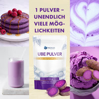 Thumbnail for Collage mit Provilea Nutrition Ube Pulver, violetten Speisen, Getränk, Eis und Purple Yam als Zutatenidee