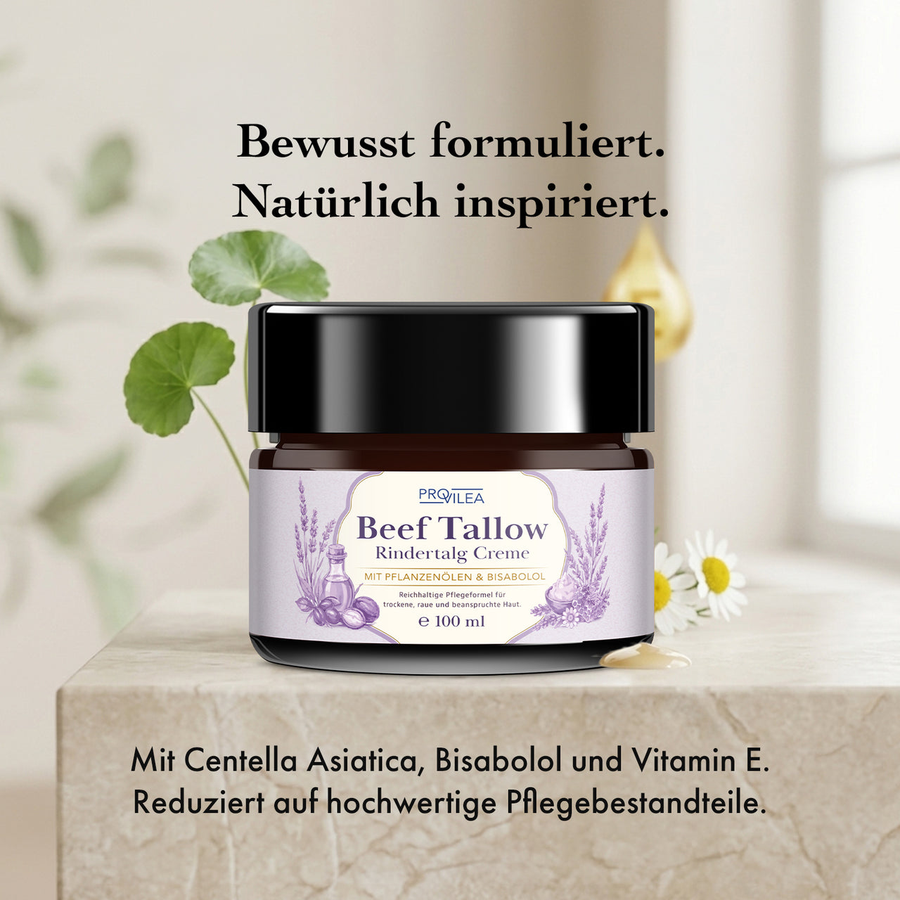 PROVILEA Beef Tallow Rindertalg Creme 100 ml mit Centella, Kamille und goldenen Pflegetropfen