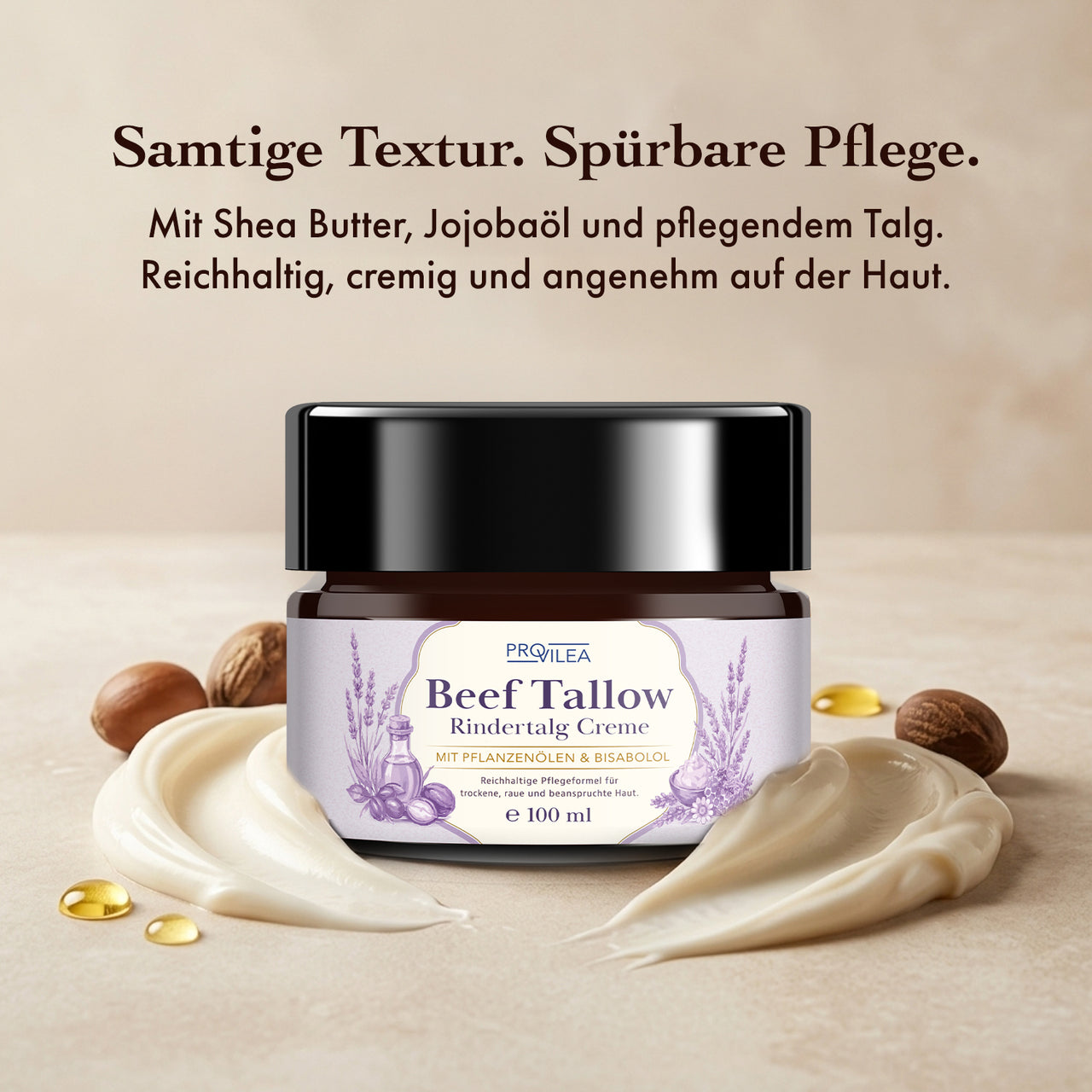 PROVILEA Beef Tallow Creme 100 ml vor cremiger Textur mit Öltropfen auf beigem Grund