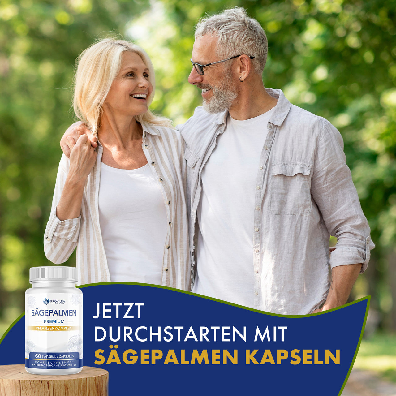 Paar im Grünen lächelt nebeneinander daneben Dose Provilea Sägepalmen Kapseln Nahrungsergänzung