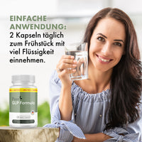 Thumbnail for Frau hält Glas Wasser neben Pure GLP Formula Dose mit 90 Kapseln und Anwendungstext