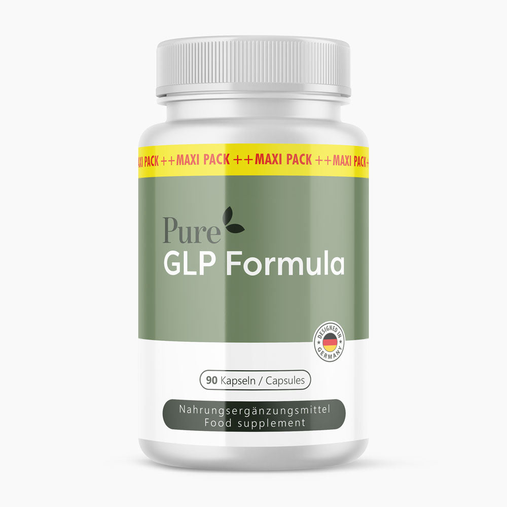 Weiße Kunststoffdose Pure GLP Formula mit grünem Etikett und 90 Kapseln