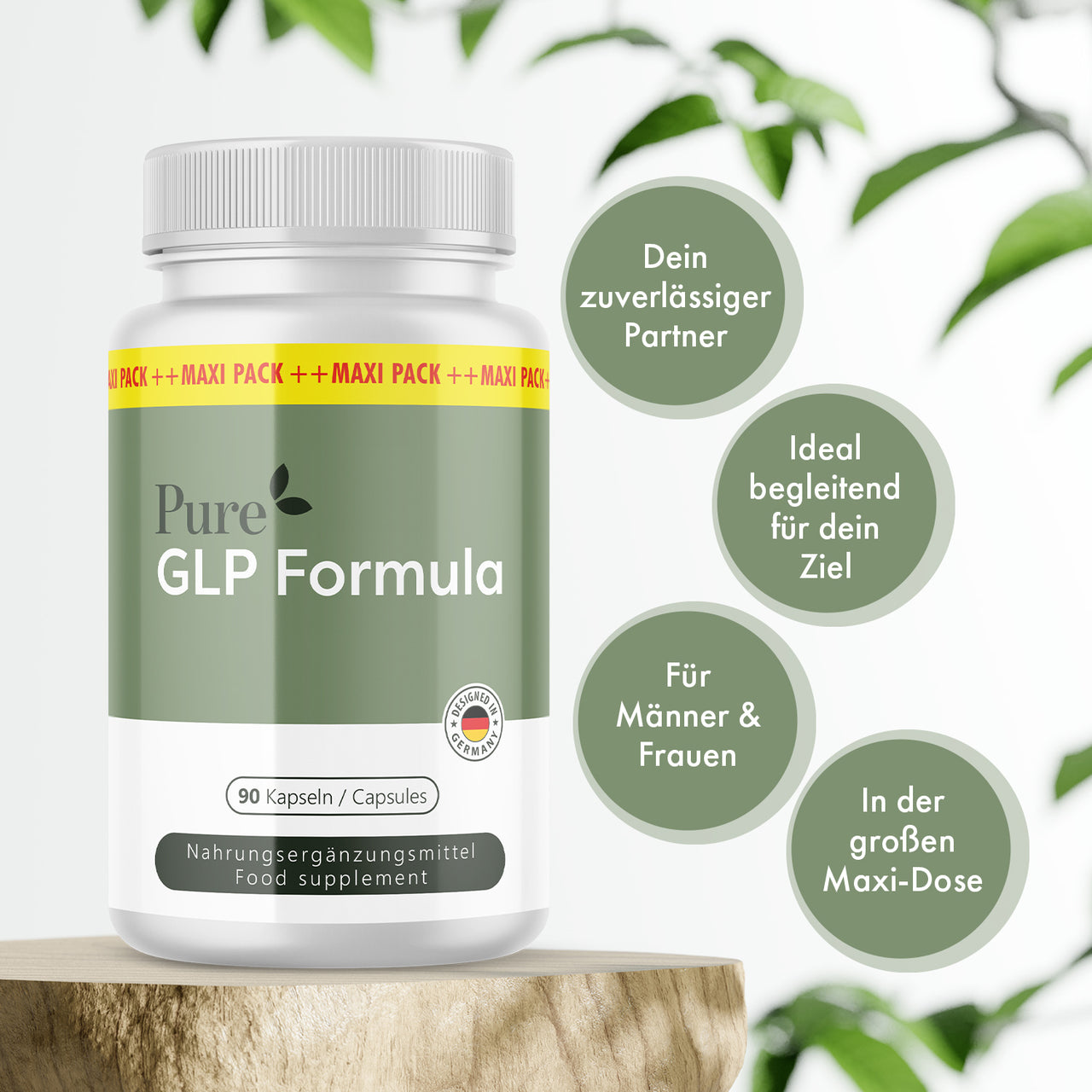 Weiße Kunststoffdose Pure GLP Formula mit grünem Etikett und 90 Kapseln vor Blättern