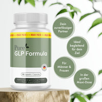 Thumbnail for Weiße Kunststoffdose Pure GLP Formula mit grünem Etikett und 90 Kapseln vor Blättern