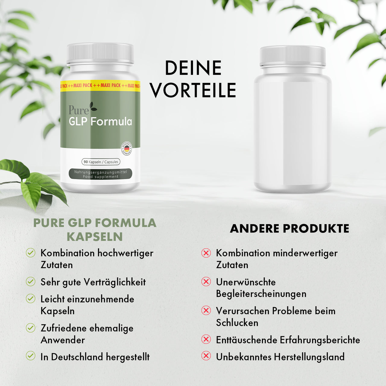 Weiße Kunststoffdose Pure GLP Formula mit 90 Kapseln neben weißer Dose ohne Etikett