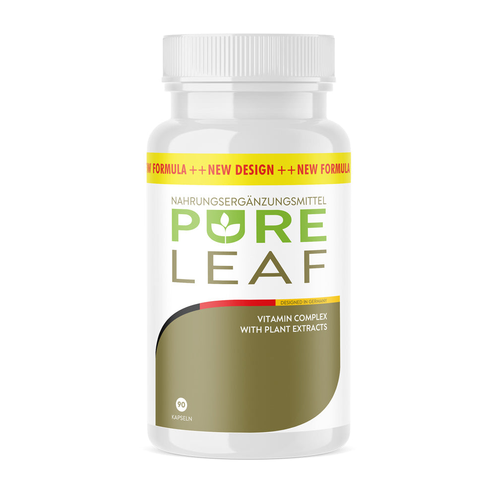 Weiße Kunststoffdose mit grün-goldenem Etikett und Schrift Pure Leaf Vitamin Complex 90 Kapseln