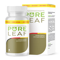 Thumbnail for Weiße Kunststoffdose mit grün-goldenem Etikett Pure Leaf Vitamin Complex 90 Kapseln vor passender Faltschachtel