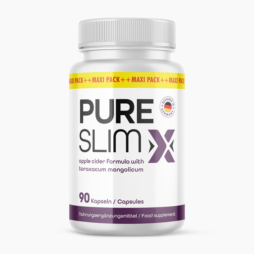 Weiße Dose mit der Aufschrift PURE SLIM X in Schwarz und Violett, 90 Kapseln