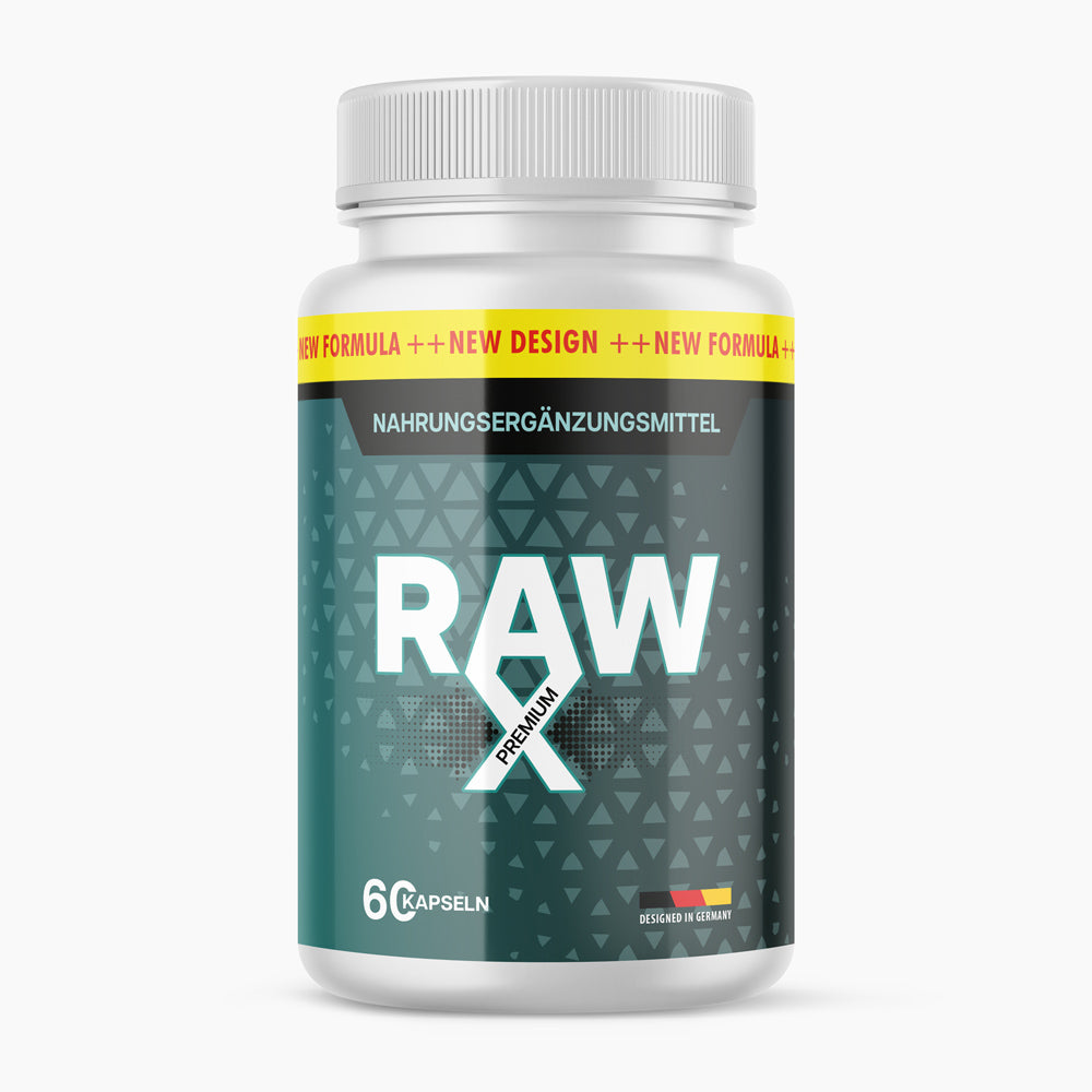 RAW X Premium Nahrungsergänzungsmittel in weißer Dose mit 60 Kapseln auf hellgrauem Hintergrund