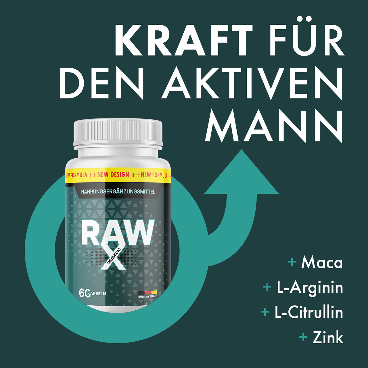 RAW X Premium Dose mit Hinweisen zu Maca, L-Arginin, L-Citrullin und Zink für aktive Männer