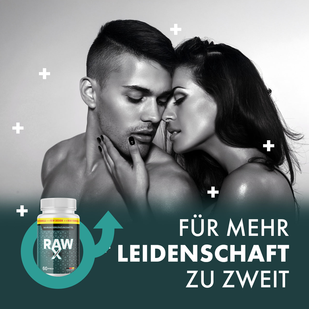 Schwarzweißbild eines Paares mit RAW X Premium Dose und Werbetext für mehr Leidenschaft zu zweit