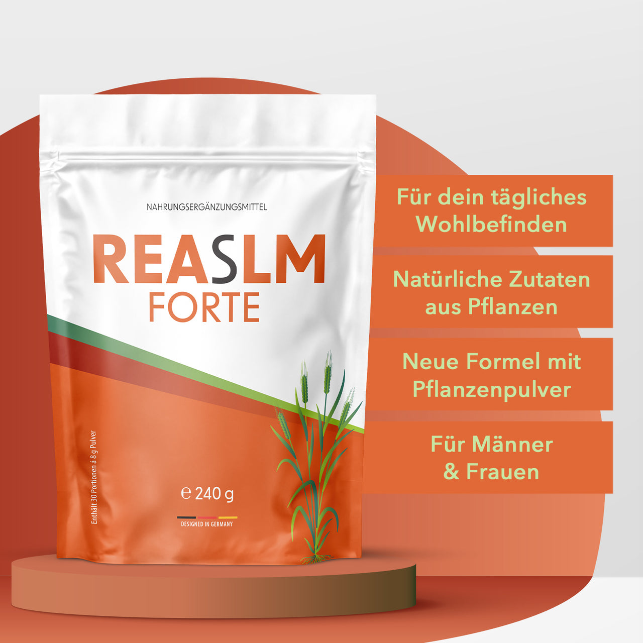 Weiß-oranger Beutel REASLM Forte  mit 240 g neben Infopunkten zu Pflanzenzutaten und Zielgruppe
