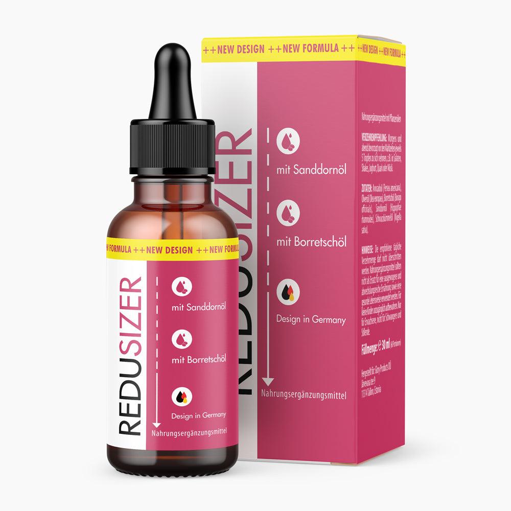 Braune Flasche mit Pipette und rotem Etikett Redusizer mit Icons und 30 ml vor passender Faltschachtel