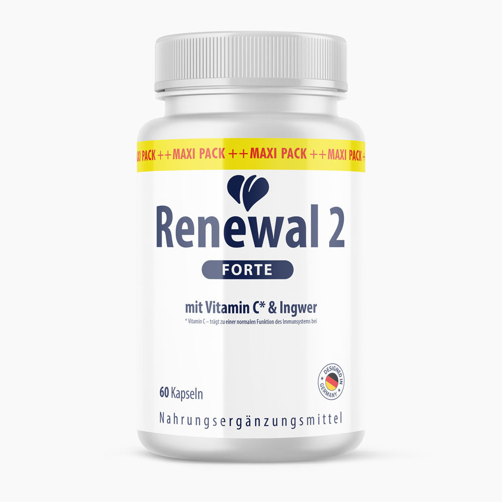 Kunststoffdose Renewal 2 Forte mit 60 Kapseln und Schrift mit Vitamin C und Ingwer
